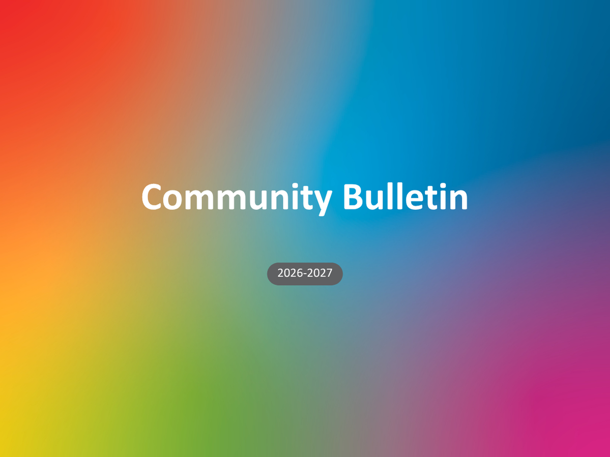Colourful gradient background with "Community Bulletin" text