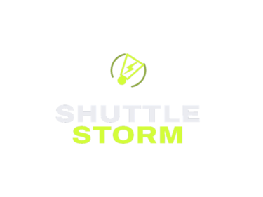 Text that reads "Shuttle Storm" with a logo using a badminton birdie with a lightning bolt in the middle of it.